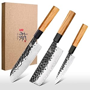 3 Pieces Kitchen Knife Set, Santoku Knife, Usuba Knife, Paring knife, High Carbon Stainless Steel With Professional Hand Forged (Olivewood Handle & Gift Box)