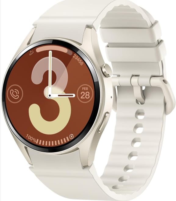 Smart Watch with Round Display Champagne Gold Case White Silicone Band Business and Casual Style