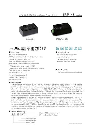Module d'alimentation à découpage IRM-45 transformateur 85-305V vers 12V - 3