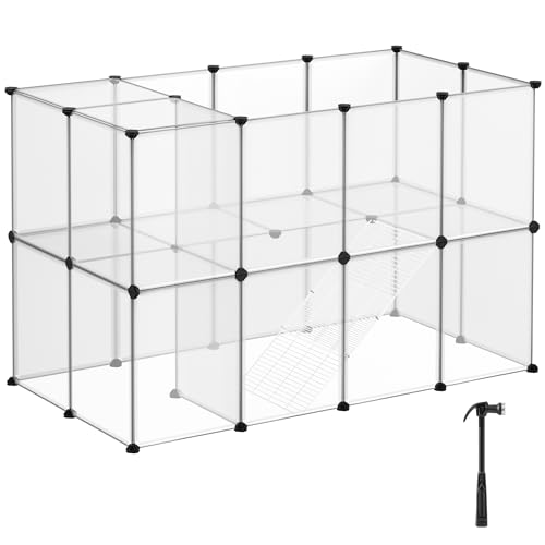 SONGMICS Gehege, Laufstall, Freigehege für Kaninchen, mit Treppen, 143 x 73 x 91 cm, aus Kunststoff, für Kleintiere, Meerschweinchen, Hamster, transparent LPC005W01