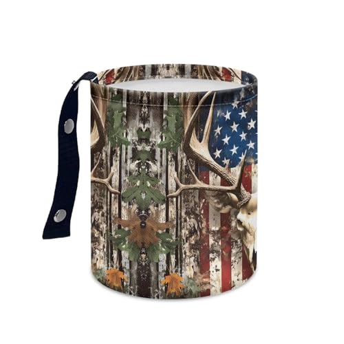 Image of Pensura American Flag Deer Car Garbage Bin Quality Fabric Mini Car Trash Bin Interior Bottom Waterproof Camping Trash Can for Automotive Cars SUVs and Trucks Backseat Headrest