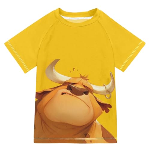 Cartoon Fun Yellow Ox Girls Bathing Suit UV Protection Sports Shirts Swimwear Beach Tops 3T