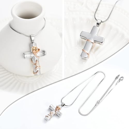 Rose Flower Cremation Jewelry for Ashes Pendant - Rose Flower Cross Urn Necklace with Mini Keepsake Urn Memorial Ash Jewelry - Image 3