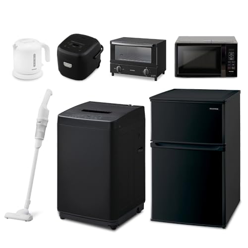 【新生活家電7点セット】アイリスオーヤマ 家電セット 冷蔵庫90L 洗濯機5kg 電子レンジ17L 掃除機 炊飯器 3合 ブラック ケトル トースター ホワイト 一人暮らし