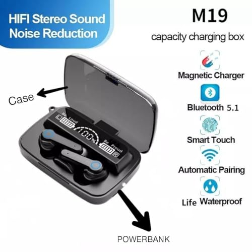 Image of M19 TWS Earbuds with LED Battery Display & Built-in Torch | 30H Playtime, Fast Charging, Bluetooth 5.1, ENC, Deep Bass, IPX7 Waterproof