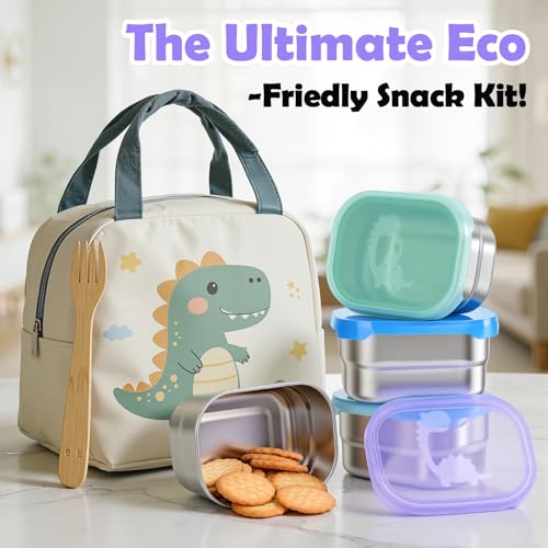 Image of Tanjiae 4x8oz Small Stainless Steel Snack Containers for Kids & Toddlers - 230mL Leakproof Food Containers with Cute Dino Lids | LFGB Certified, Stackable Metal Snack Box for Daycare, School, Travel