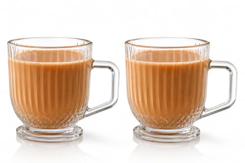 Image of IndusBay Fluted Glass Tea Cups with Handle [Pack of 2] (160ml) - Premium Crystal Clear Coffee Mugs, Vintage Ribbed Chai Glasses |Lead-Free & BPA-Free