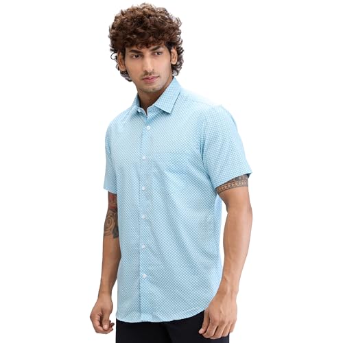 Image of Colorplus Men's Regular Fit Print Pattern Pure Cotton Plain Collar Half Sleeve Casual Shirt
