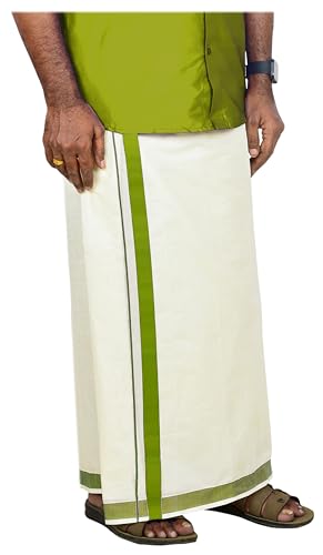 Image of Mens Thick Border 100% Cotton Cream Dhoti 4.0 Meters Double Mundu /Vesti