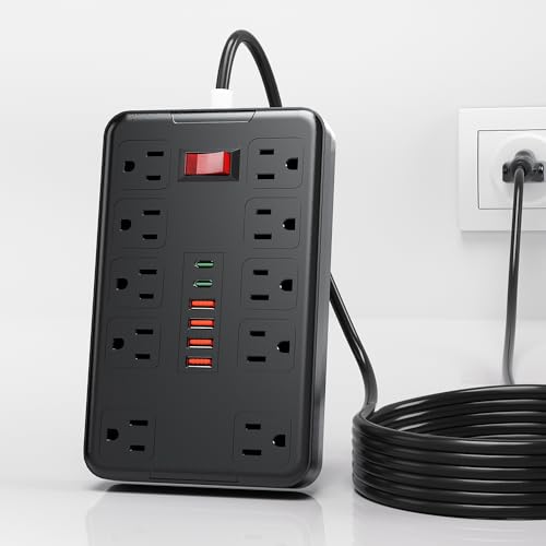 Surge Protector Extension Power Strip Cord Plug 10 Widely Spaced Outlets and 6 USB Charger(2 USB C Port) 6 Ft for Travel Office Dorm Room Essentials (6FT-Black)