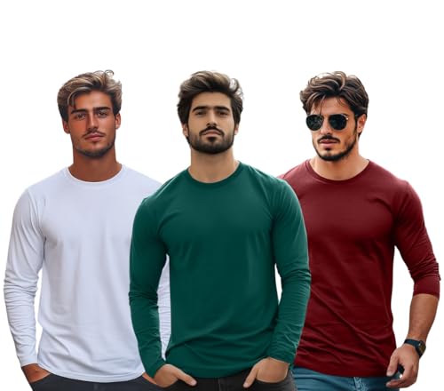 Image of Veirdo Pure Cotton Round Neck Regular Fit Solid Full Sleeve T-Shirt Pack of 3 Combo for Men (Colors: Swanwhite, Green, Navy, Black, Cork, White & Maroon)
