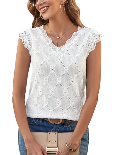 SweatyRocks Women's Floral Lace Scallop Trim Cap Sleeve Eyelet Embroidery V Neck Tee Shirt3