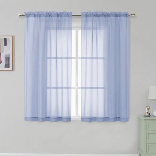 Image of Simplebrand Rod Pocket Top Solid Voile Sheer Curtains for Bedroom, 54 Inch Length Drapes Set of 2, Lightweight and Light Filtering Elegant Denim Curtains Panels Window Treatment, 42Wx54L, Denim
