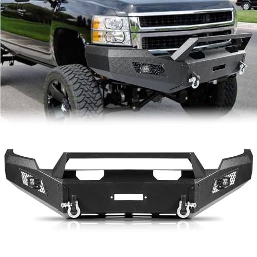 Off road Front Bumper Fit for Chevy SiIverado 2500HD 3500HD 2007-2010 Front Heavy Duty Bumper W/Winch Plate Carbon Steel Bumper W/ 2 Lights 2 D-ring, 2 Packages