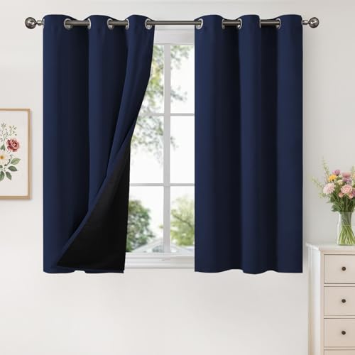 Image of YoungsTex Navy Blue 100% Blackout Curtains for Bedroom 45 Inches Long, Short Room Darkening Window Drapes with Grommet Thermal Insulated for Living Room, 2 Panels, 42 X 45 Inch