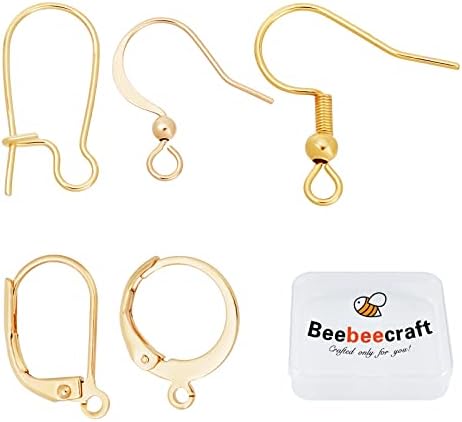 Beebeecraft 1 Box 50Pcs 5 Style Earring Hooks with Loop Hole 18K Gold Plated Earring Making Kit Leverback Huggies Earwire for Jewelry Earring Making