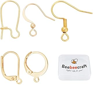Beebeecraft 1 Box 50Pcs 5 Style Earring Hooks with Loop Hole 18K Gold Plated Earring Making Kit Leverback Huggies Earwire for Jewelry Earring Making