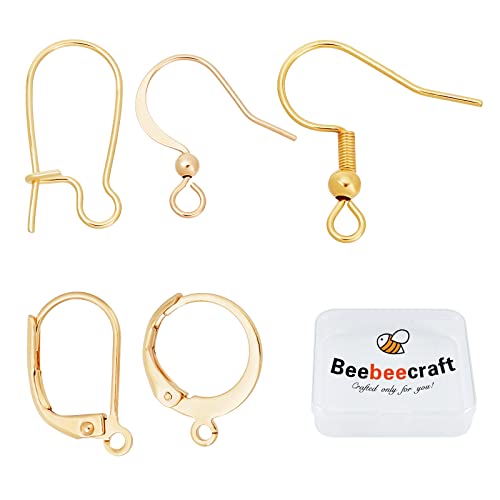 Beebeecraft 50Pcs 5 Style Earring Hooks with Loop 18K Gold Plated Fish Ear Hooks Leverback Earwire Huggie Hoop Earring Finidngs for Jewelry Making Supplies Kits