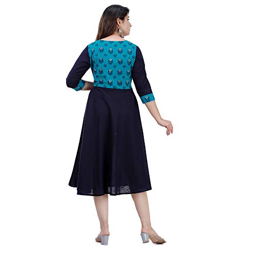 Image of Libas Holy Women's Floral Printed Cotton Flared Maxi Dress, Navy Blue and Turquoise One Piece Maxi Dress