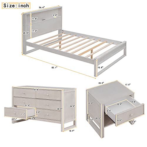 3-Pieces Bedroom Sets,Wooden Platform Bed With Nightstand And Dresser For Bedroom (Antique White, Full) #TOP6
