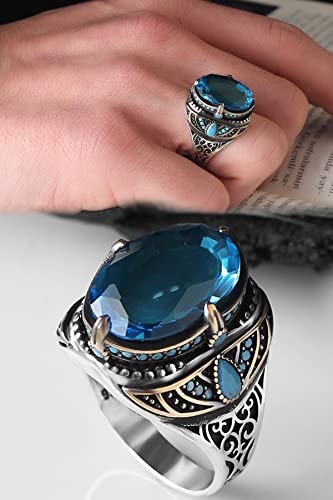 925 Sterling Silver Blue Topaz Gemstone Men's Silver Ring, Handmade Engraved Man Silver Ring Gifts For Men Handmade Rings Valentines Day Gifts For Him #TOP1