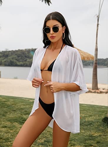 ADOREJOY Women's Tops Summer Kimono Cardigan Floral Print Puff Sleeve Swimsuit Cover Up Casual Loose Fit Blouse (White,XL) — view 4