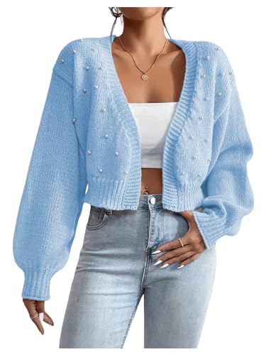 Image of SHENHE Women's Pearl Beaded Open Front Cardigan Oversize V Neck Drop Shoulder Cropped Sweater