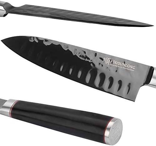 YOUSUNLONG Santoku Knife 7'' (180mm) - Japanese AUS8 Steel Black Titanizing Blade - Natural Leadwood Handle