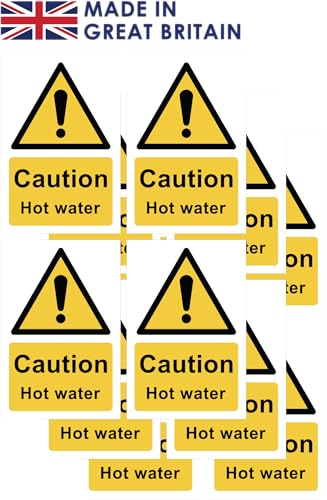Image of Pack of 12 – Caution Hot water - 60mm x 90mm self adhesive vinyl