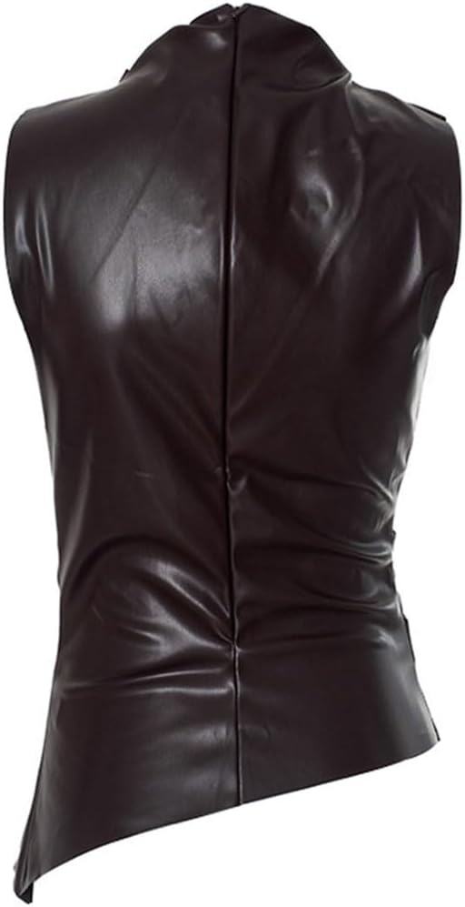 Women's Soft Leather Tank Crop Top Vest Sleeveless Asymmetrical Ruched Sexy Mock Neck Pleated T-Shirt - Image 5