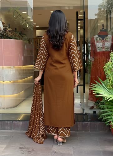 Image of GoSriKi Kurta Sets for Women Rayon Viscose Bandhani Printed | Kurti Set for Woman | Kurta Pant Dupatta Set | Straight Kurti | Round Neck 3 /4 Sleeve Suit Set for Women Stylish Ethnic Outfit
