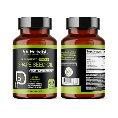 Image of Dr. HERBALIST Grape Seed Oil Capsules 1600mg - Cold Pressed Vitis Vinifera with OPC Proanthocyanidins | Supports Antioxidant Wellness & Cardiovascular Health* | Halal | 60ct