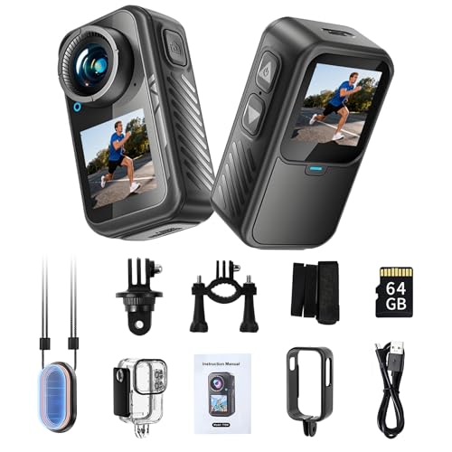 NUISK Mini Action Camera with Dual Screen | 4K Sports Camera, Magnetic Mount, 130° Wide Angle, Waterproof Case, Dual Touchscreen, Pre-Record, 64GB Memory Card Travel, Skiing, Outdoor Adventures
