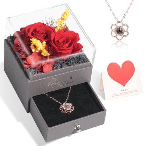Preserved Roses Flowers as Gifts for Women Mom Her Grandma Friend Sister Girlfriend Wife, Rose Flowers in Box with Necklaces Gifts for Valentines Day Galentines Day Birthday Anniversary House Warming