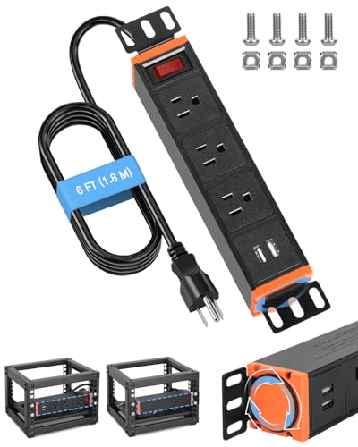 Regleta de alimentación PDU de montaje en rack de 10 pulgadas, unidad de distribución de energía de medio rack de 1U, 3 salidas de CA, 2 puertos USB-A, interruptor de sobrecarga reajustable de 15A