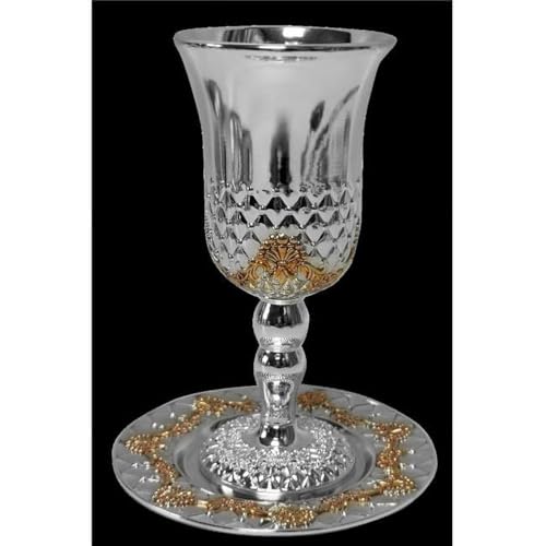 Kiddush Cup with Legs Set with Flowers Cup Silver & Gold