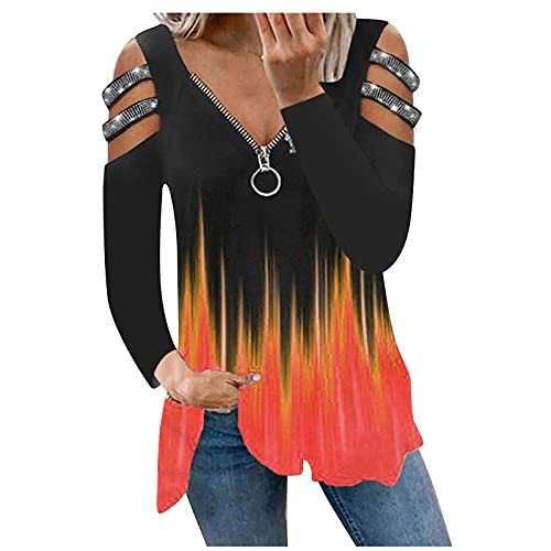 HOOUDO Damen Langarm Oberteil lockere Töpfe Langarmbluse Hemden Frauen Feuer Frauen Bluse Fensterbeleuchtung Frühling (Orange, XL)