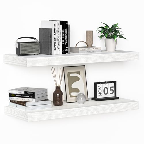 Image of Floating Shelves - 24 Inch Rustic Wooden Wall Shelves - Extra Deeper & Thicker Wall Mounted Storage Shelf for Living Room, Kitchen, Farmhouse - 24" W x 9" D x 1.6"H - Rustic White, 2 Pack