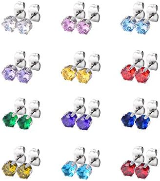 12 Pairs Stud Earrings Stainless Steel Ear Studs Round Cubic Zircon Earring for Women Girls, 12 Colors
