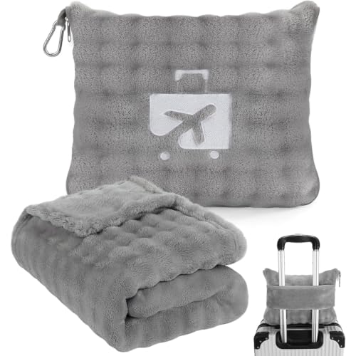 Gray Travel Blanket for Airplane, Portable Soft Flannel with Pouch & Clip