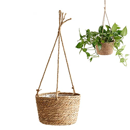 Macetas Colgantes, Canasta Plantas con Cuerda, Algodón Tejida Jardinera, Macetero Colgante de Paja, Maceta Paja, para Flores, Plantas, Decoración de Interiores y Exteriores