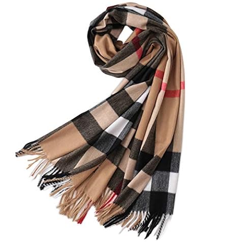 LumiSyne Zimowy szal kaszmirowy w kratę z frędzlami, dla kobiet i mężczyzn, bardzo duży tartan etola, klasyczny wzór karo, miękki i pogrubiony szal w kratkę Pashmina, khaki, jeden rozmiar