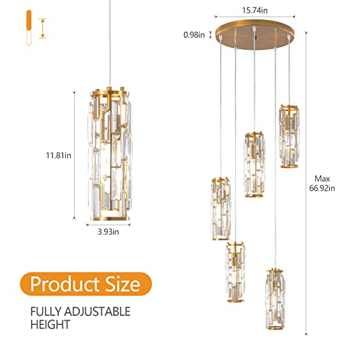 Image of LMQNINE Pendant Light, Gold Modern Pendant Light Fixtures, Mini Crystal Chandeliers, Adjustable 5-Light Pendant Lighting for Kitchen Island Dinning Room Bedroom (Gold 5-Light)