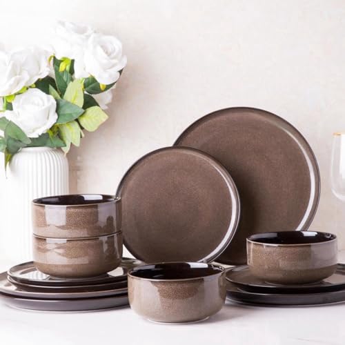 Image of LeRatio Ceramic Dinnerware Sets for 4,12-Piece Plates and Bowls,Handmade Reactive Glaze Dishes Set, Scratch Resistant | Oven&Dishwasher & Microwave Safe,Service for 4（12pcs),Modern-Chestnut
