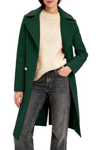OTU Vibe Women's Long Notch Lapel Coat, Double-Breasted Peacoat, Casual Classic Fall Winter Overcoat