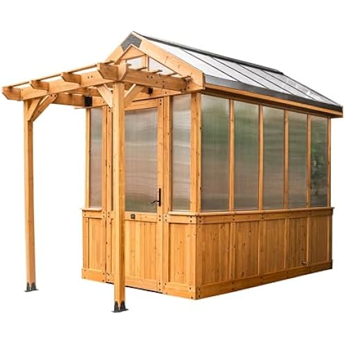 Backyard Discovery Bellerose 9' x 6' Cedar Wood and Polycarbonate Walk-in Greenhouse Kit with Pergola, Exhaust Fan, Windows, Hose Hook-Ups, PowerPort, Staging Shelves for Year-Round Outdoor Gardening