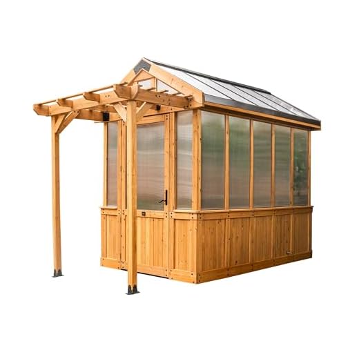 Backyard Discovery Bellerose 9' x 6' Cedar Wood and Polycarbonate Walk-in Greenhouse Kit with Pergola, Exhaust Fan, Windows, Hose Hook-Ups, PowerPort, Staging Shelves for Year-Round Outdoor Gardening