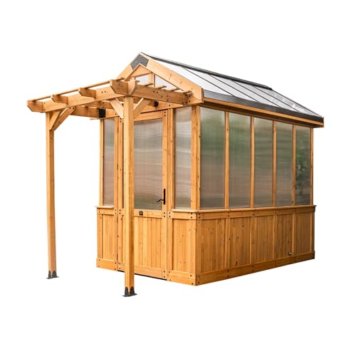 Backyard Discovery Bellerose 9' x 6' Cedar Wood and Polycarbonate Walk-in Greenhouse Kit with Pergola, Exhaust Fan, Windows, Hose Hook-Ups, PowerPort, Staging Shelves for Year-Round Outdoor Gardening