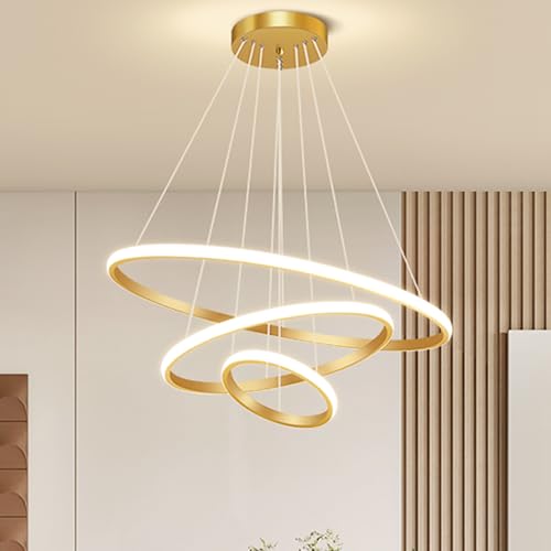 Luminária Pendente LED Moderna 3 Anéis 72W, Redonda Embutida, Regulável, 3 Cores de Luz (3000K/4000K/6000K), Altura Ajustável, Design Luxuoso para Sala, Quarto ou Escritório (Dourado)