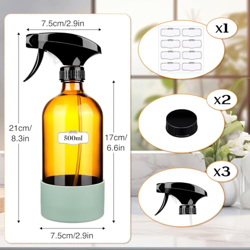 2 Pack/16 Oz Glass Spray Bottles, Refillable Empty Containers with Silicone Sleeve, Upgraded Adjustable Nozzle Spray Bottle Sets for Cleaning, Essential Oils, Hair (Amber)3